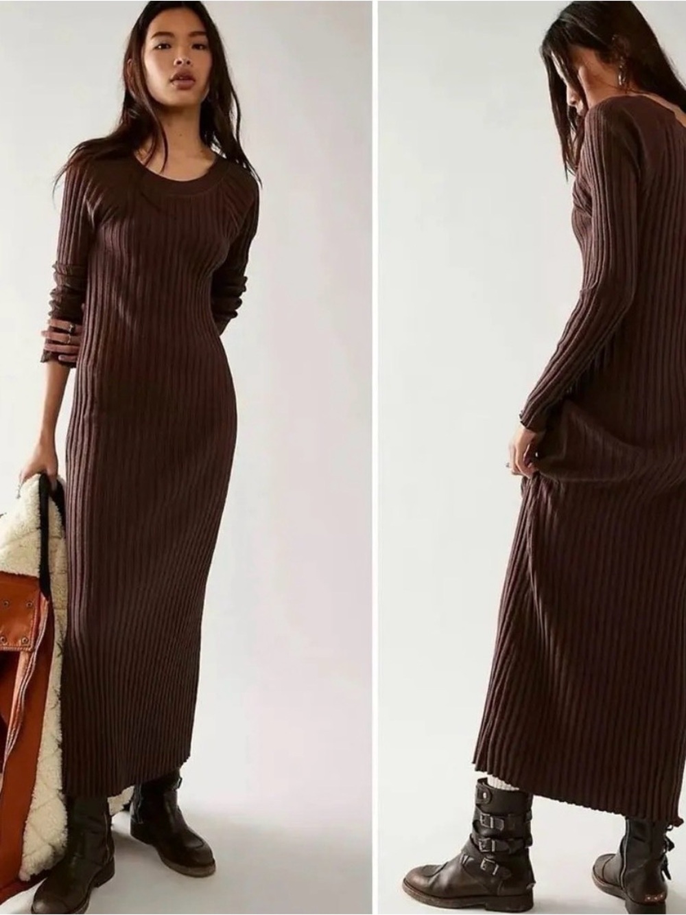Ribbed Long Sleeve Maxi Dress - Dark Brown